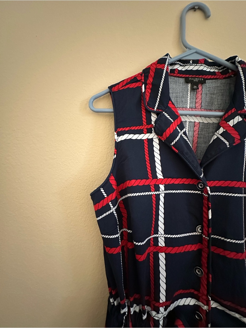 Talbots Navy Sleeveless Plaid Shirt Dress with Red and White Trim - Picture 6 of 16